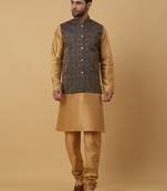 Men's Beige Kurta and Churidar With Sequenced Cotton Silk Nehru Jacket