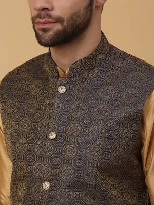 Men's Beige Kurta and Churidar With Sequenced Cotton Silk Nehru Jacket 2
