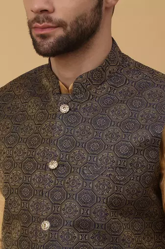 Men's Beige Kurta and Churidar With Sequenced Cotton Silk Nehru Jacket