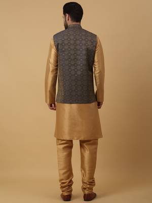 Men's Beige Kurta and Churidar With Sequenced Cotton Silk Nehru Jacket 3