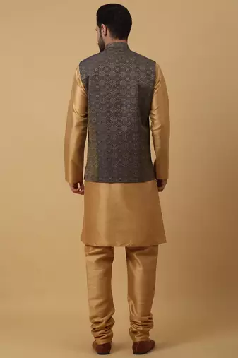Men's Beige Kurta and Churidar With Sequenced Cotton Silk Nehru Jacket
