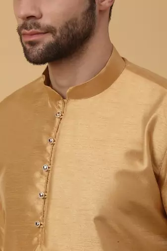 Men's Beige Kurta and Churidar With Sequenced Cotton Silk Nehru Jacket