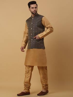 Men's Beige Kurta and Churidar With Sequenced Cotton Silk Nehru Jacket 6