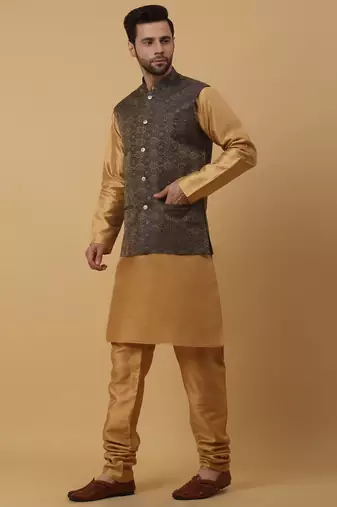 Men's Beige Kurta and Churidar With Sequenced Cotton Silk Nehru Jacket