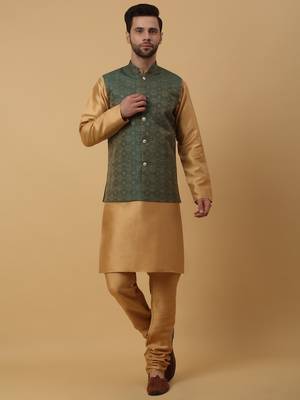 Men's Beige Kurta and Churidar With Sequenced Cotton Silk Nehru Jacket 1