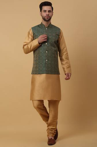 Men's Beige Kurta and Churidar With Sequenced Cotton Silk Nehru Jacket