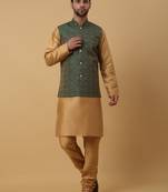 Men's Beige Kurta and Churidar With Sequenced Cotton Silk Nehru Jacket