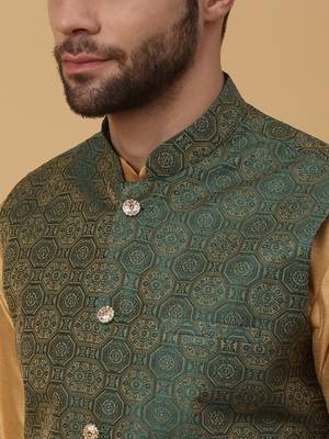 Men's Beige Kurta and Churidar With Sequenced Cotton Silk Nehru Jacket 2