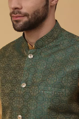 Men's Beige Kurta and Churidar With Sequenced Cotton Silk Nehru Jacket