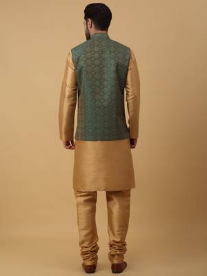 Men's Beige Kurta and Churidar With Sequenced Cotton Silk Nehru Jacket 3