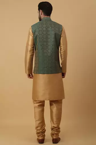 Men's Beige Kurta and Churidar With Sequenced Cotton Silk Nehru Jacket