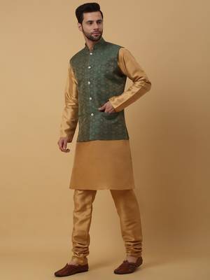 Men's Beige Kurta and Churidar With Sequenced Cotton Silk Nehru Jacket 6
