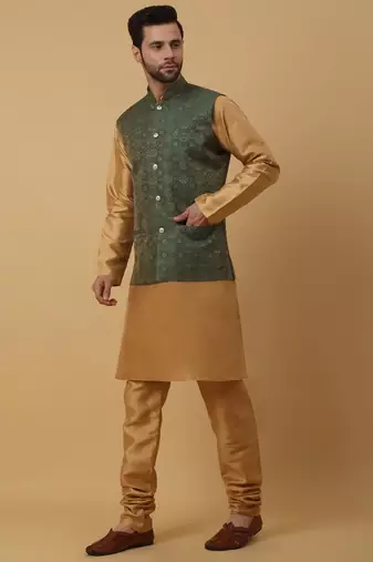 Men's Beige Kurta and Churidar With Sequenced Cotton Silk Nehru Jacket