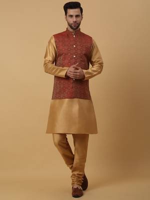 Men's Beige Kurta and Churidar With Sequenced Cotton Silk Nehru Jacket 1