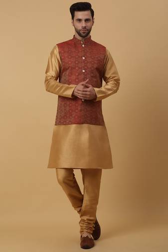Men's Beige Kurta and Churidar With Sequenced Cotton Silk Nehru Jacket