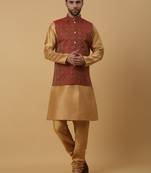 Men's Beige Kurta and Churidar With Sequenced Cotton Silk Nehru Jacket
