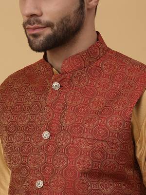 Men's Beige Kurta and Churidar With Sequenced Cotton Silk Nehru Jacket 2