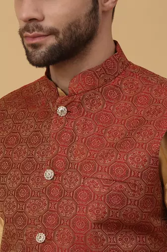 Men's Beige Kurta and Churidar With Sequenced Cotton Silk Nehru Jacket