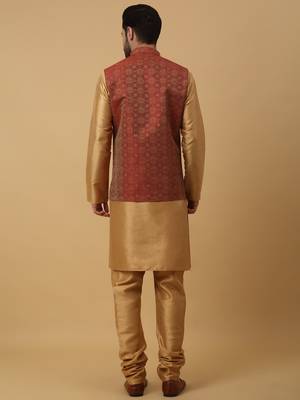 Men's Beige Kurta and Churidar With Sequenced Cotton Silk Nehru Jacket 3