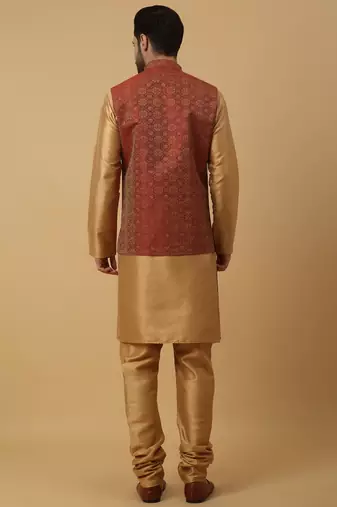 Men's Beige Kurta and Churidar With Sequenced Cotton Silk Nehru Jacket