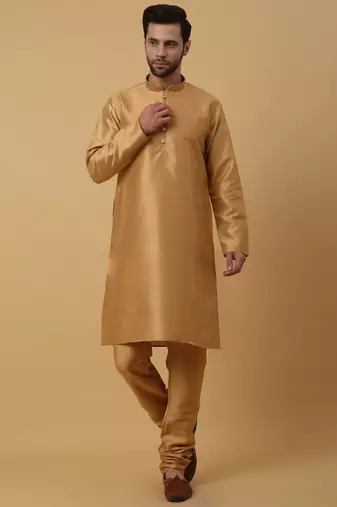 Men's Beige Kurta and Churidar With Sequenced Cotton Silk Nehru Jacket