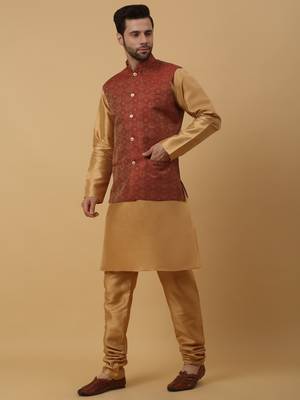 Men's Beige Kurta and Churidar With Sequenced Cotton Silk Nehru Jacket 6