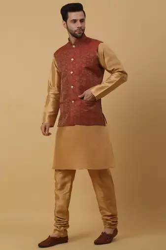 Men's Beige Kurta and Churidar With Sequenced Cotton Silk Nehru Jacket