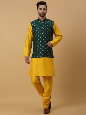 Men's Gold Kurta and Churidar With Sequenced Cotton Silk Nehru Jacket 1