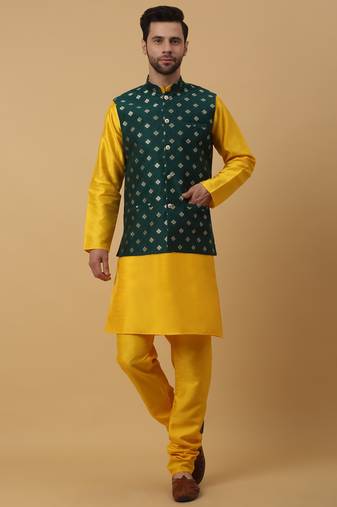 Men's Gold Kurta and Churidar With Sequenced Cotton Silk Nehru Jacket