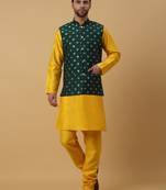 Men's Gold Kurta and Churidar With Sequenced Cotton Silk Nehru Jacket