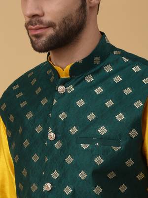 Men's Gold Kurta and Churidar With Sequenced Cotton Silk Nehru Jacket 2