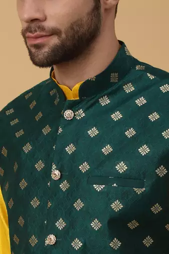 Men's Gold Kurta and Churidar With Sequenced Cotton Silk Nehru Jacket