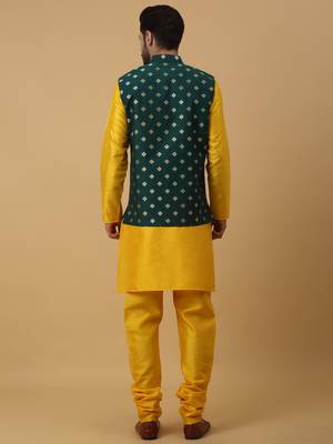 Men's Gold Kurta and Churidar With Sequenced Cotton Silk Nehru Jacket 3