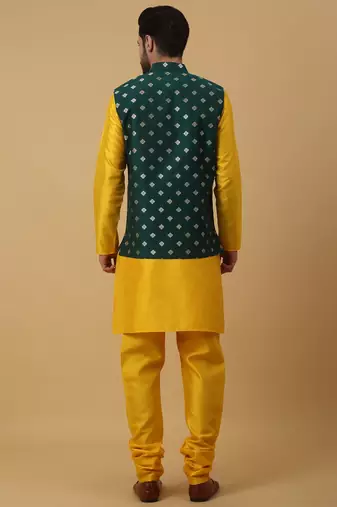 Men's Gold Kurta and Churidar With Sequenced Cotton Silk Nehru Jacket