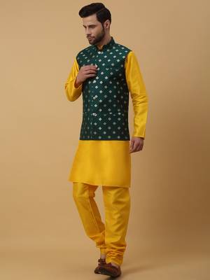 Men's Gold Kurta and Churidar With Sequenced Cotton Silk Nehru Jacket 6