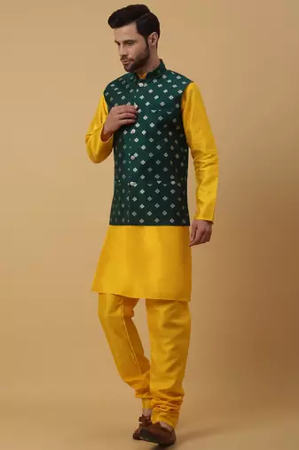 Men's Gold Kurta and Churidar With Sequenced Cotton Silk Nehru Jacket