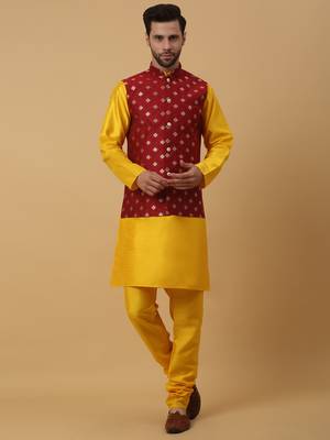 Men's Gold Kurta and Churidar With Sequenced Cotton Silk Nehru Jacket 1
