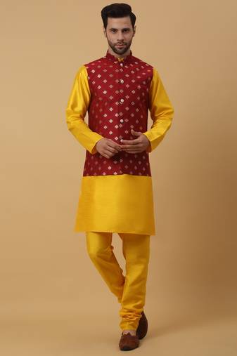 Men's Gold Kurta and Churidar With Sequenced Cotton Silk Nehru Jacket