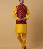 Men's Gold Kurta and Churidar With Sequenced Cotton Silk Nehru Jacket