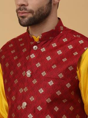 Men's Gold Kurta and Churidar With Sequenced Cotton Silk Nehru Jacket 2