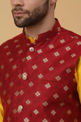 Men's Gold Kurta and Churidar With Sequenced Cotton Silk Nehru Jacket