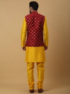 Men's Gold Kurta and Churidar With Sequenced Cotton Silk Nehru Jacket 3
