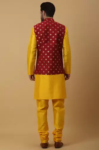 Men's Gold Kurta and Churidar With Sequenced Cotton Silk Nehru Jacket