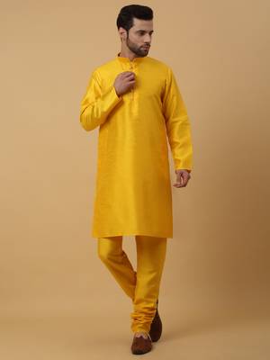 Men's Gold Kurta and Churidar With Sequenced Cotton Silk Nehru Jacket 4