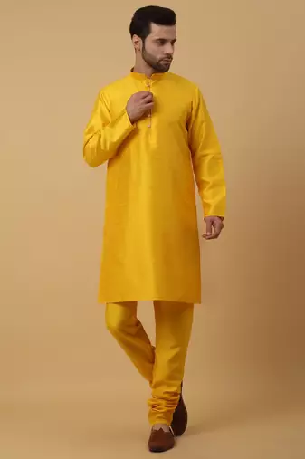 Men's Gold Kurta and Churidar With Sequenced Cotton Silk Nehru Jacket