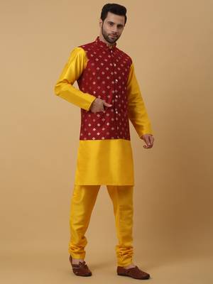Men's Gold Kurta and Churidar With Sequenced Cotton Silk Nehru Jacket 6