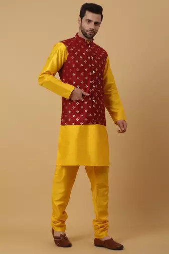 Men's Gold Kurta and Churidar With Sequenced Cotton Silk Nehru Jacket