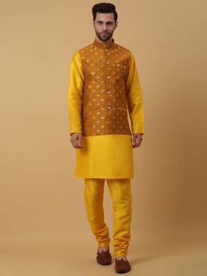 Men's Gold Kurta and Churidar With Sequenced Cotton Silk Nehru Jacket 1