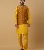 Men's Gold Kurta and Churidar With Sequenced Cotton Silk Nehru Jacket