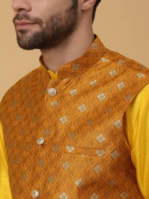 Men's Gold Kurta and Churidar With Sequenced Cotton Silk Nehru Jacket 2